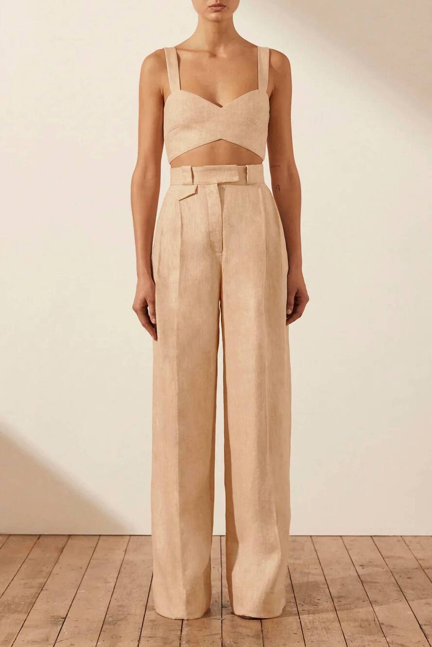NEW SHONA JOY amanda linen crossover bralette top in sand